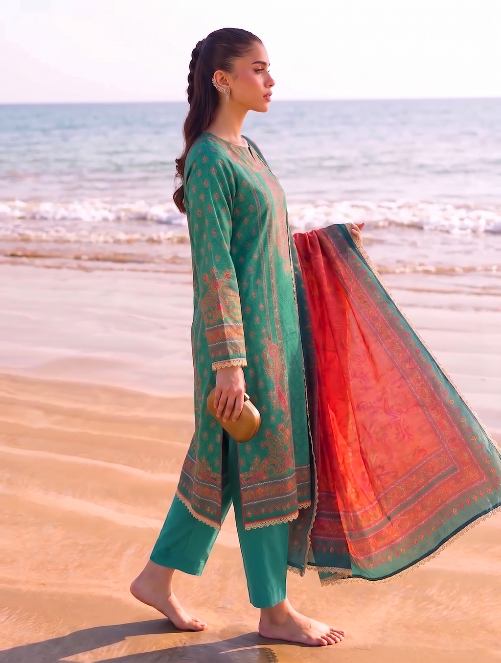 Baagh 3PC unstitched printed lawn — dupatta and trouser