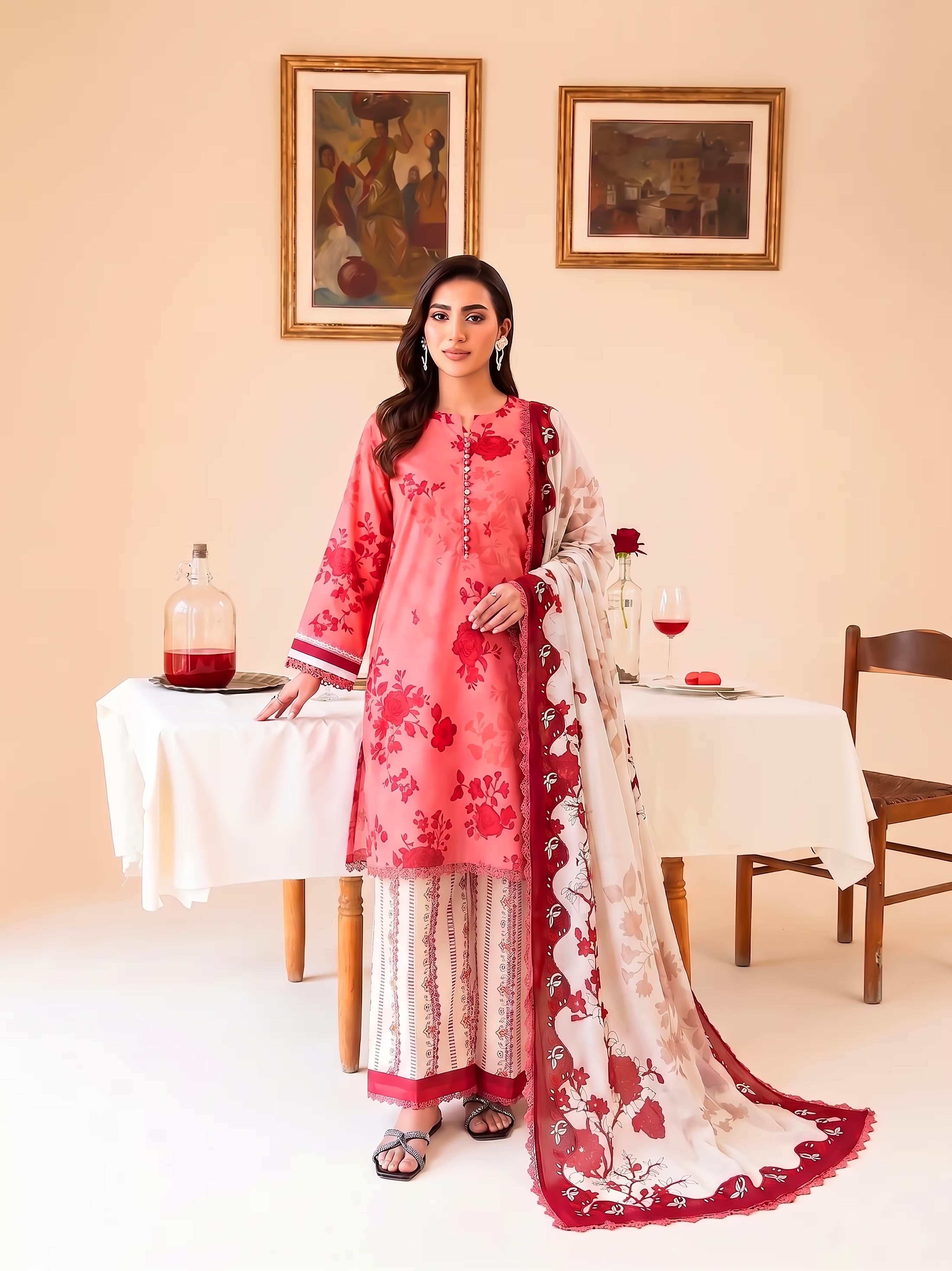 Coral Rose 3PC unstitched printed lawn suit