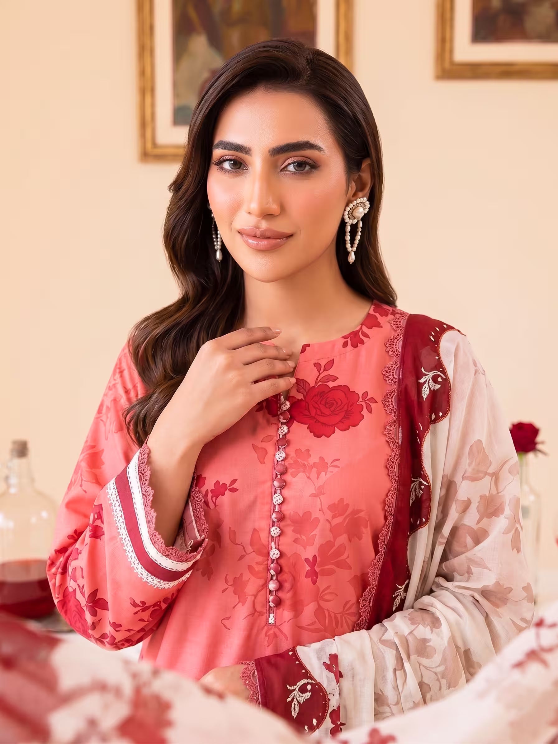 Coral Rose 3PC unstitched printed lawn — detail