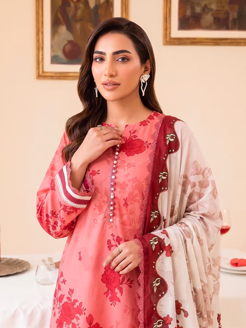 Coral Rose 3PC unstitched printed lawn — detail