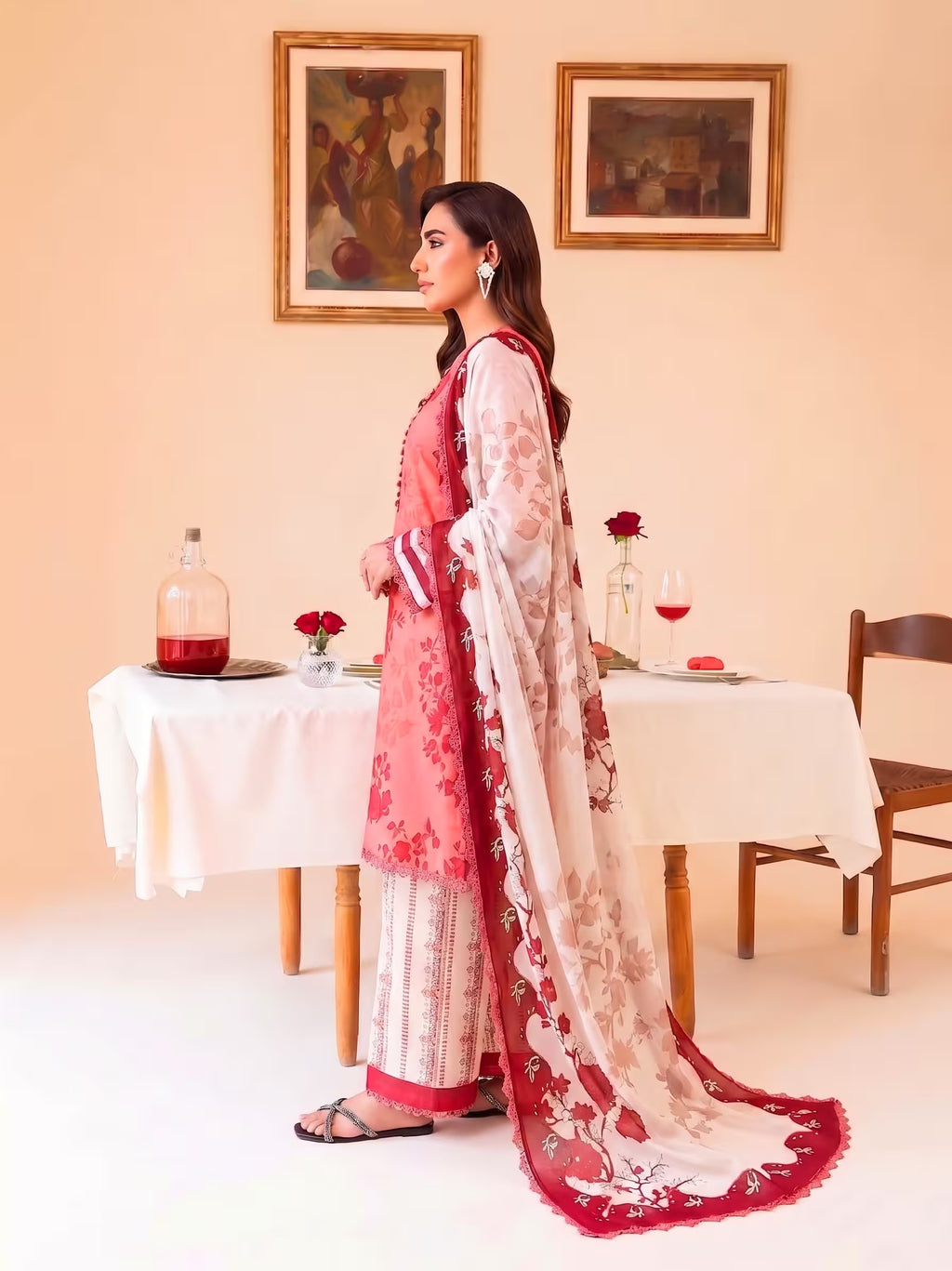 Coral Rose 3PC unstitched printed lawn — dupatta and trouser