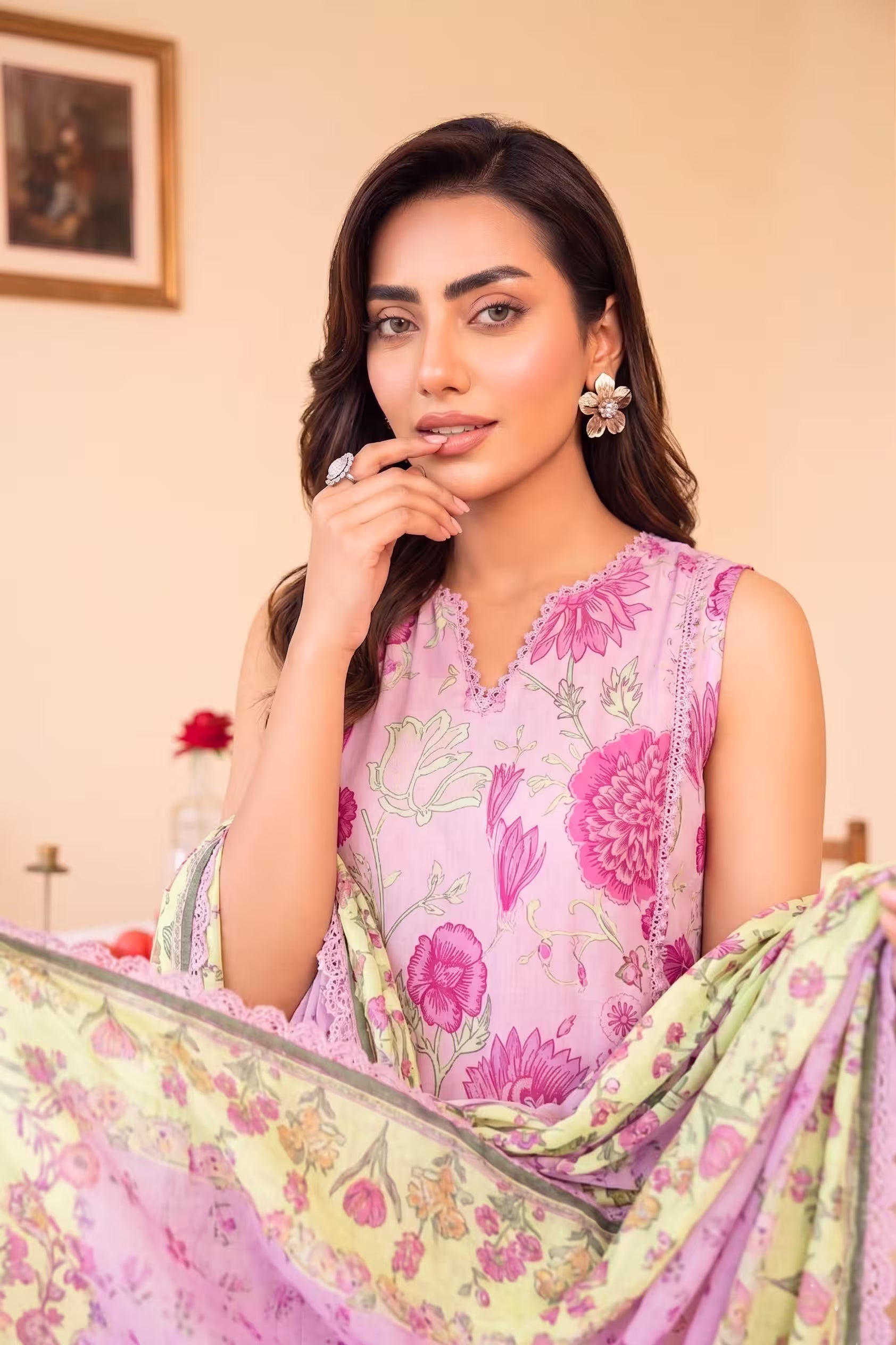 Fuchsia Pink 3PC unstitched printed lawn — detail