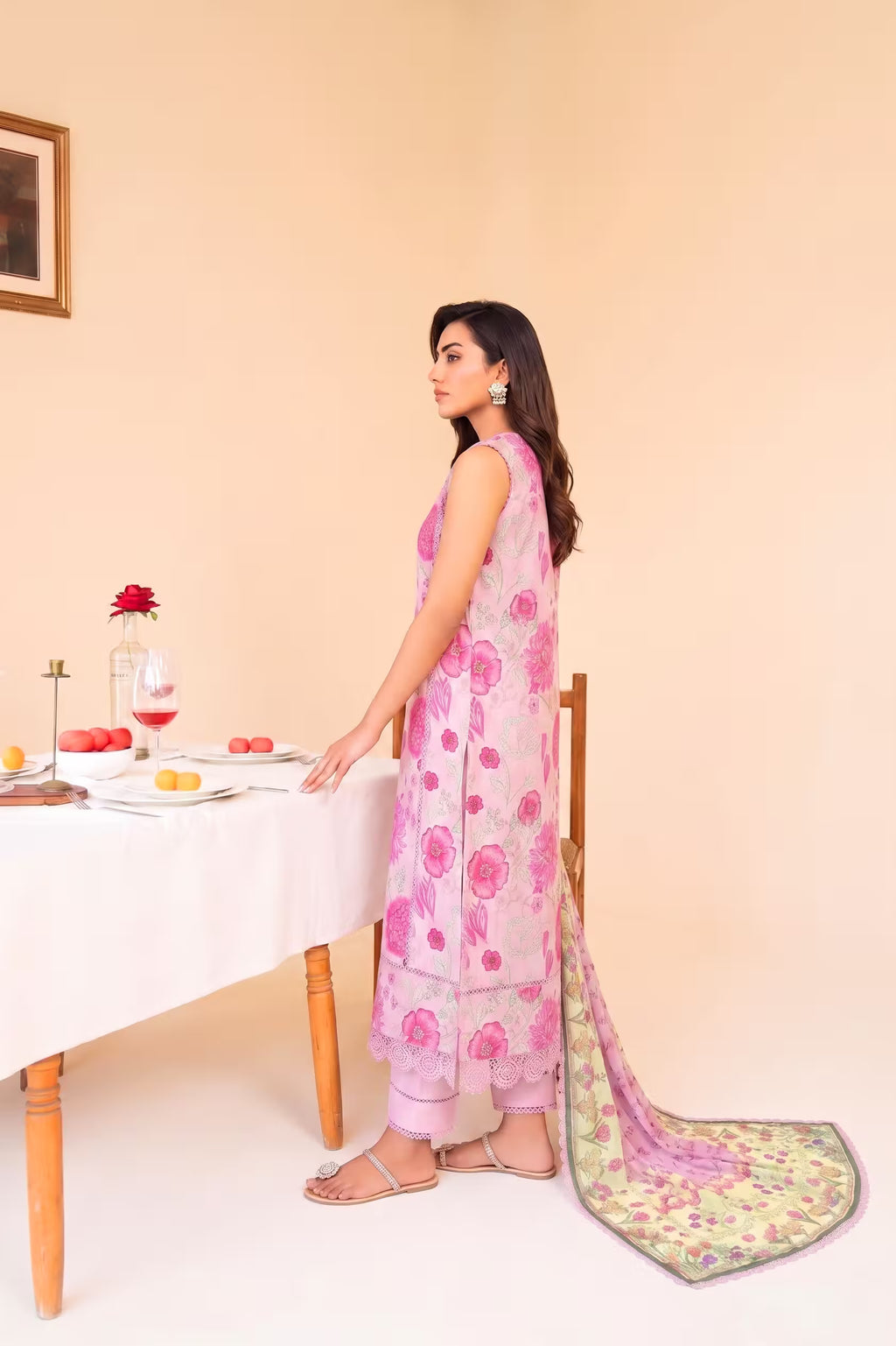 Fuchsia Pink 3PC unstitched printed lawn — dupatta and trouser