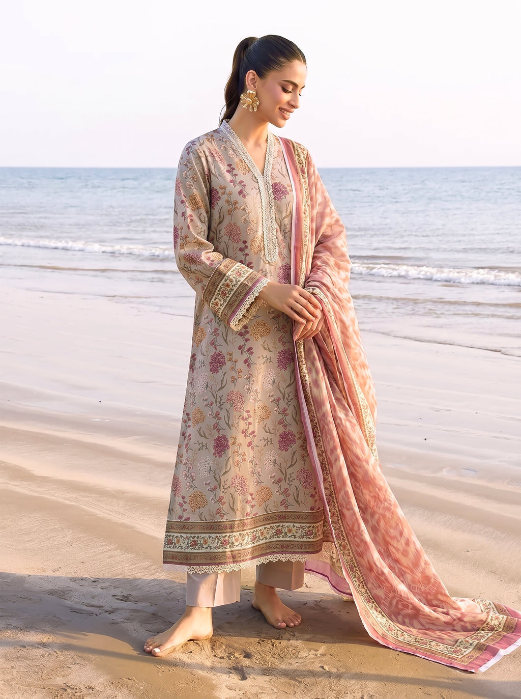 Khaki 3PC unstitched printed lawn suit