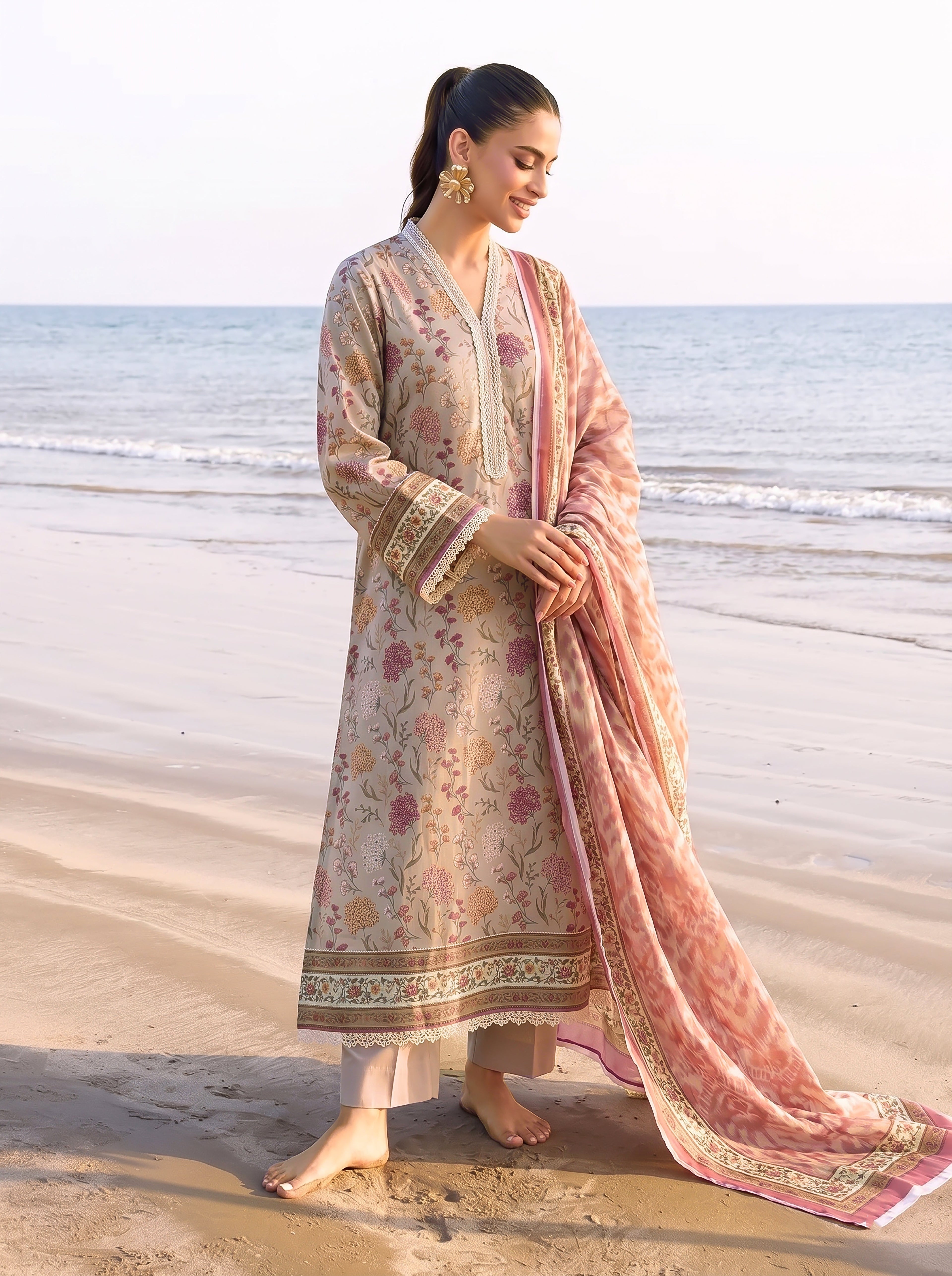 Khaki 3PC unstitched printed lawn suit