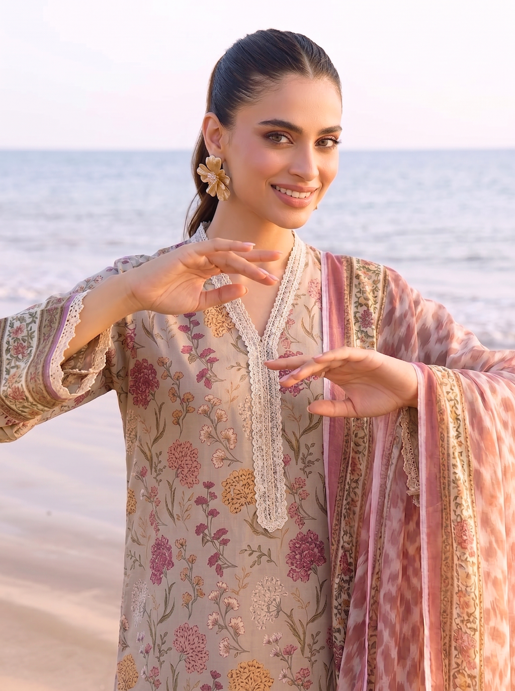 Khaki 3PC unstitched printed lawn — detail