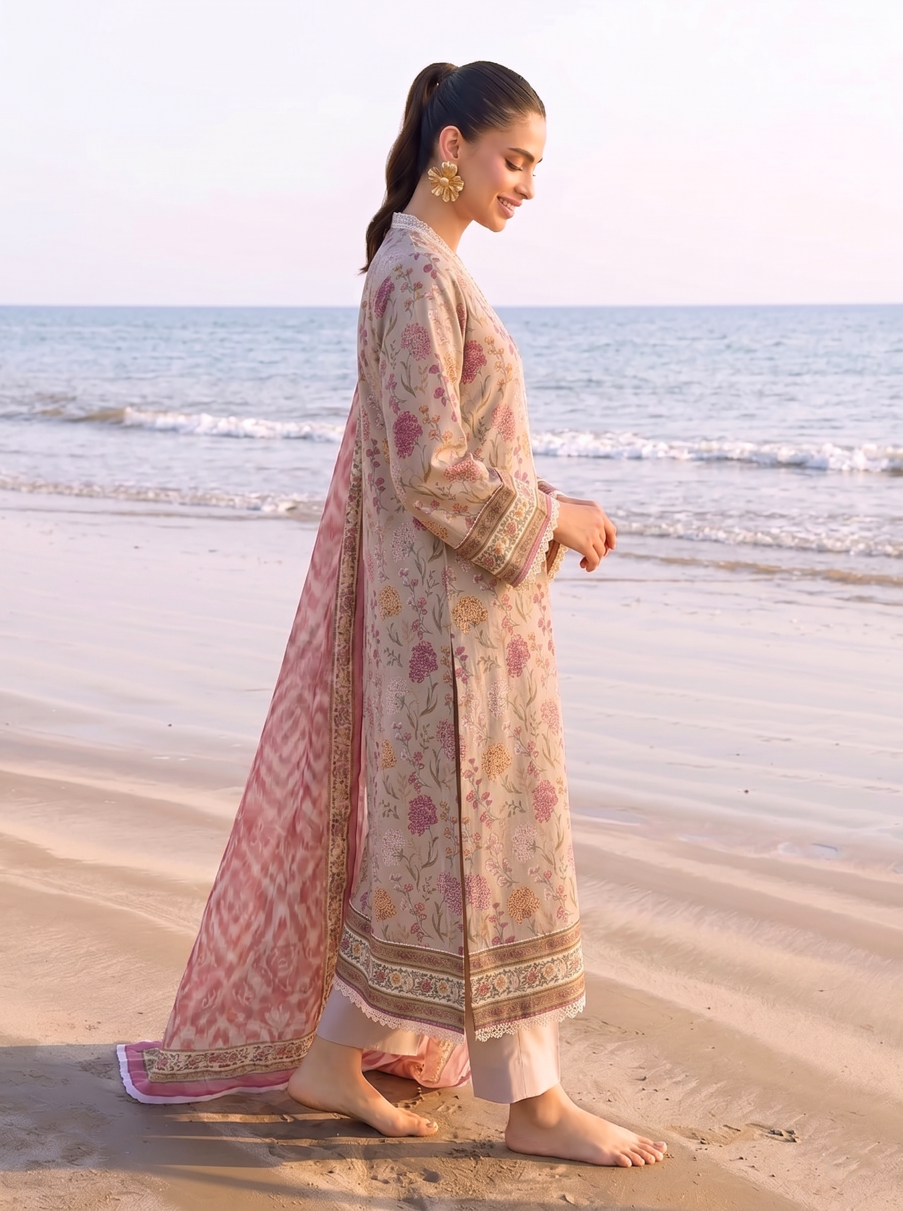 Khaki 3PC unstitched printed lawn — dupatta and trouser