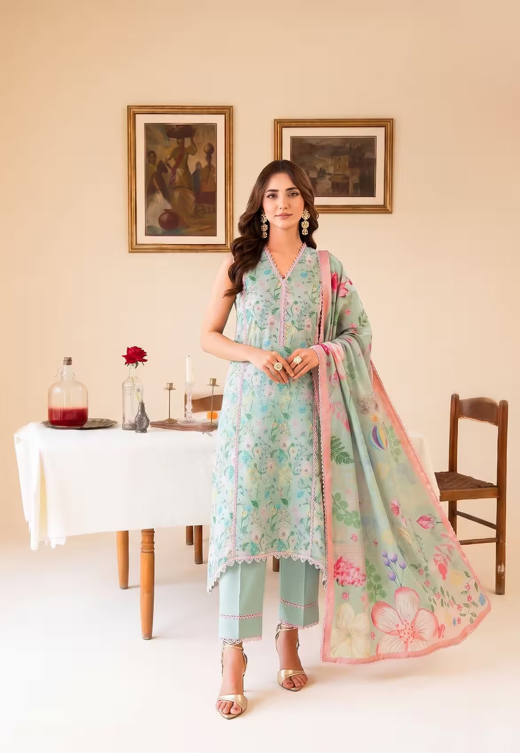 Mint Daisy 3PC unstitched printed lawn suit