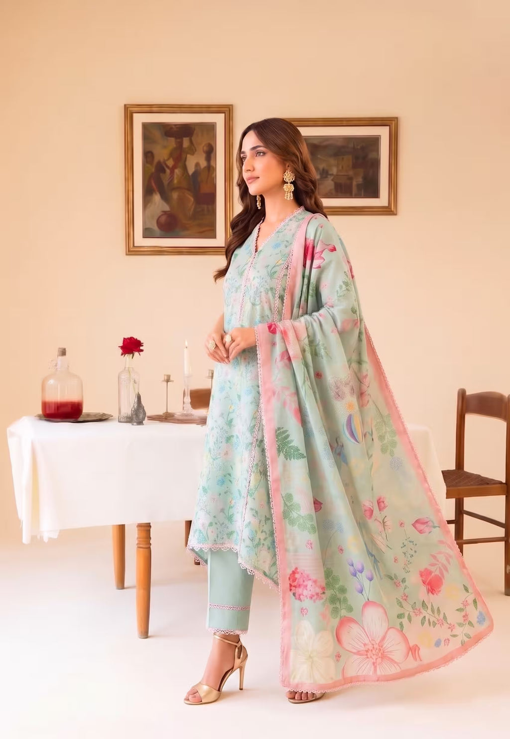 Mint Daisy 3PC unstitched printed lawn — detail
