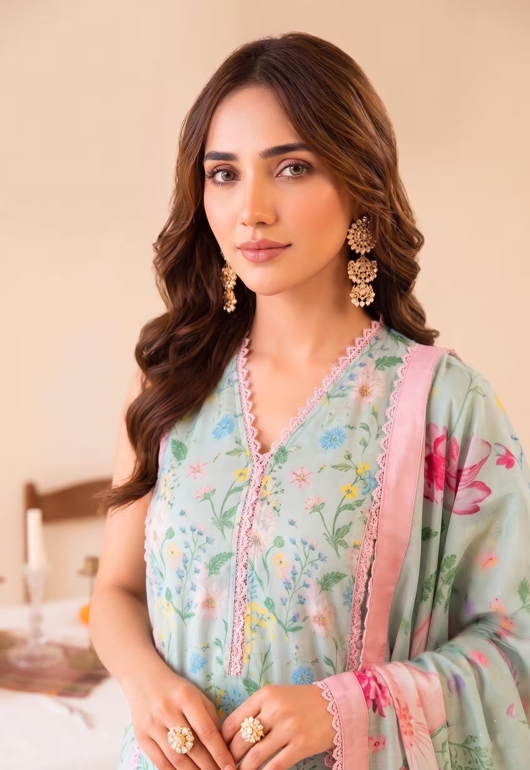 Mint Daisy 3PC unstitched printed lawn — detail