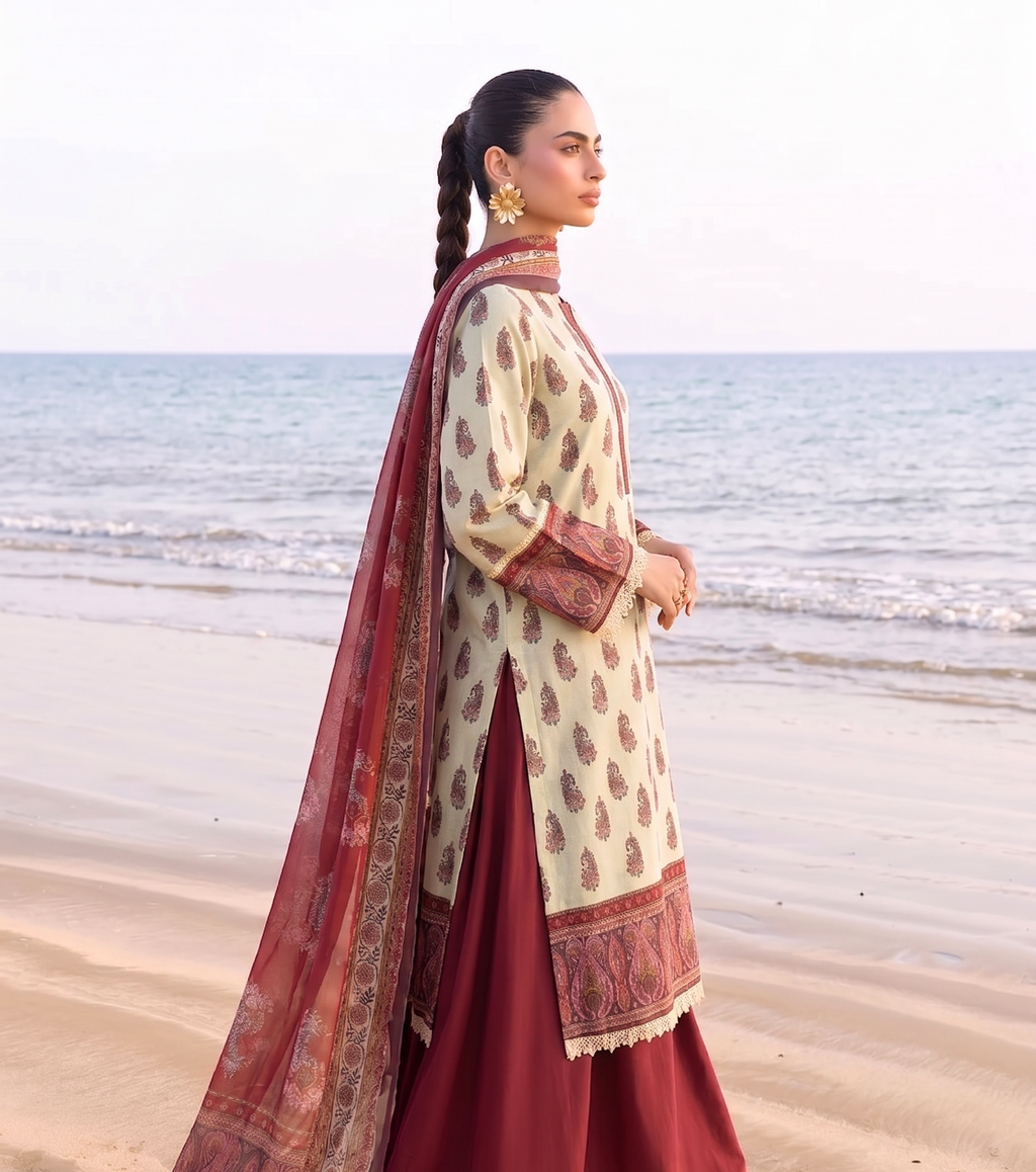 Sindoori 3PC unstitched printed lawn — dupatta and trouser
