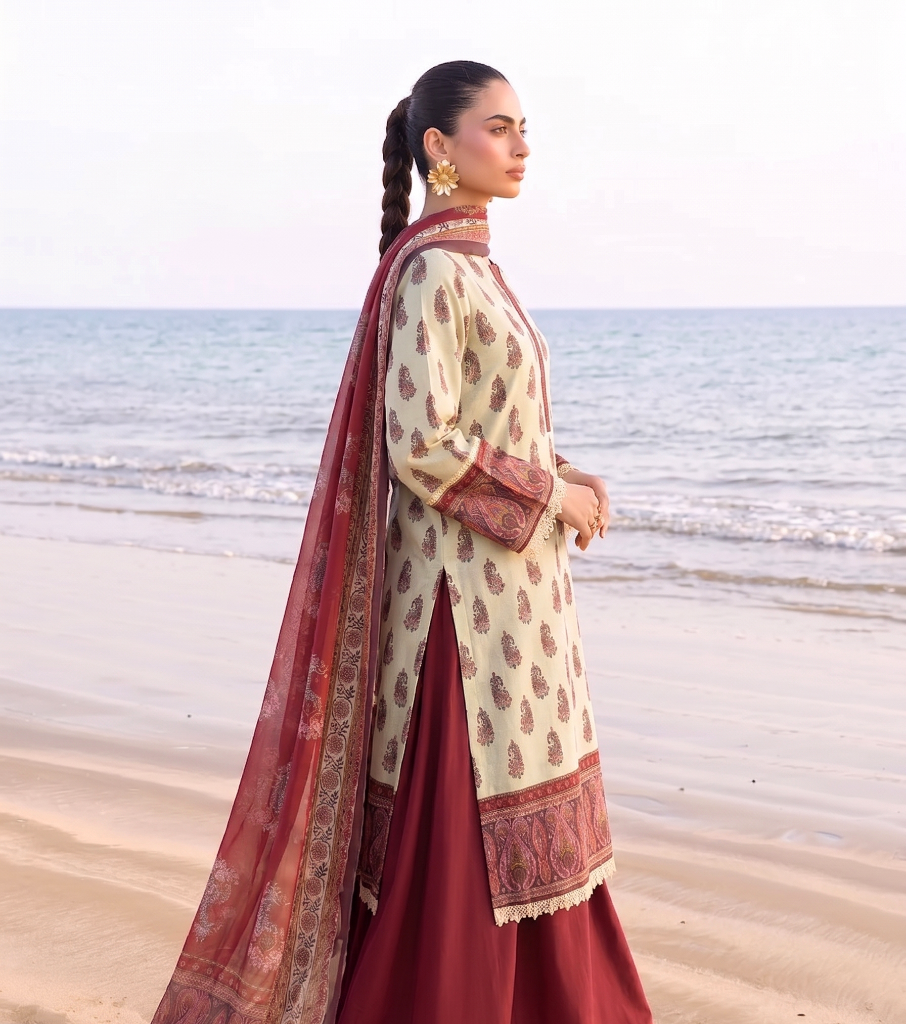 Sindoori 3PC unstitched printed lawn — dupatta and trouser